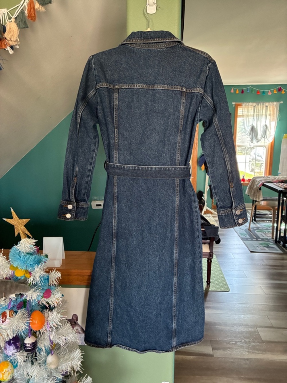 Zara Dark Indigo Denim Button-Front Midi Dress with Belt - Picture 5 of 9